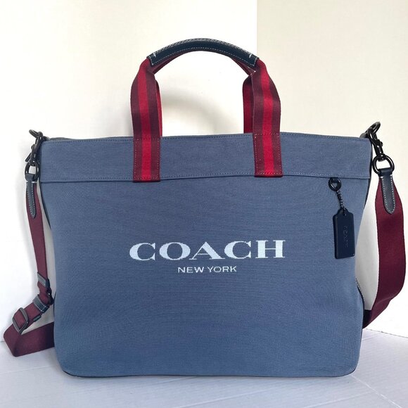 Coach Tote Bag 38 Shoulder Bag Blue Canvas Leather CJ486 Medium Zip Crossbody - Picture 1 of 12
